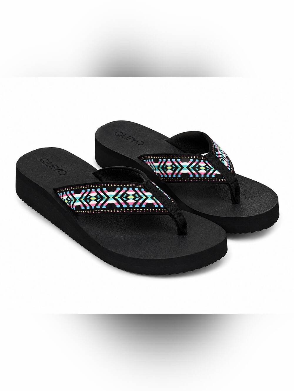 NWOT QLEYO Platform Flip Flops Black Aztec Print Comfort Sandals 11 Beach Cruise